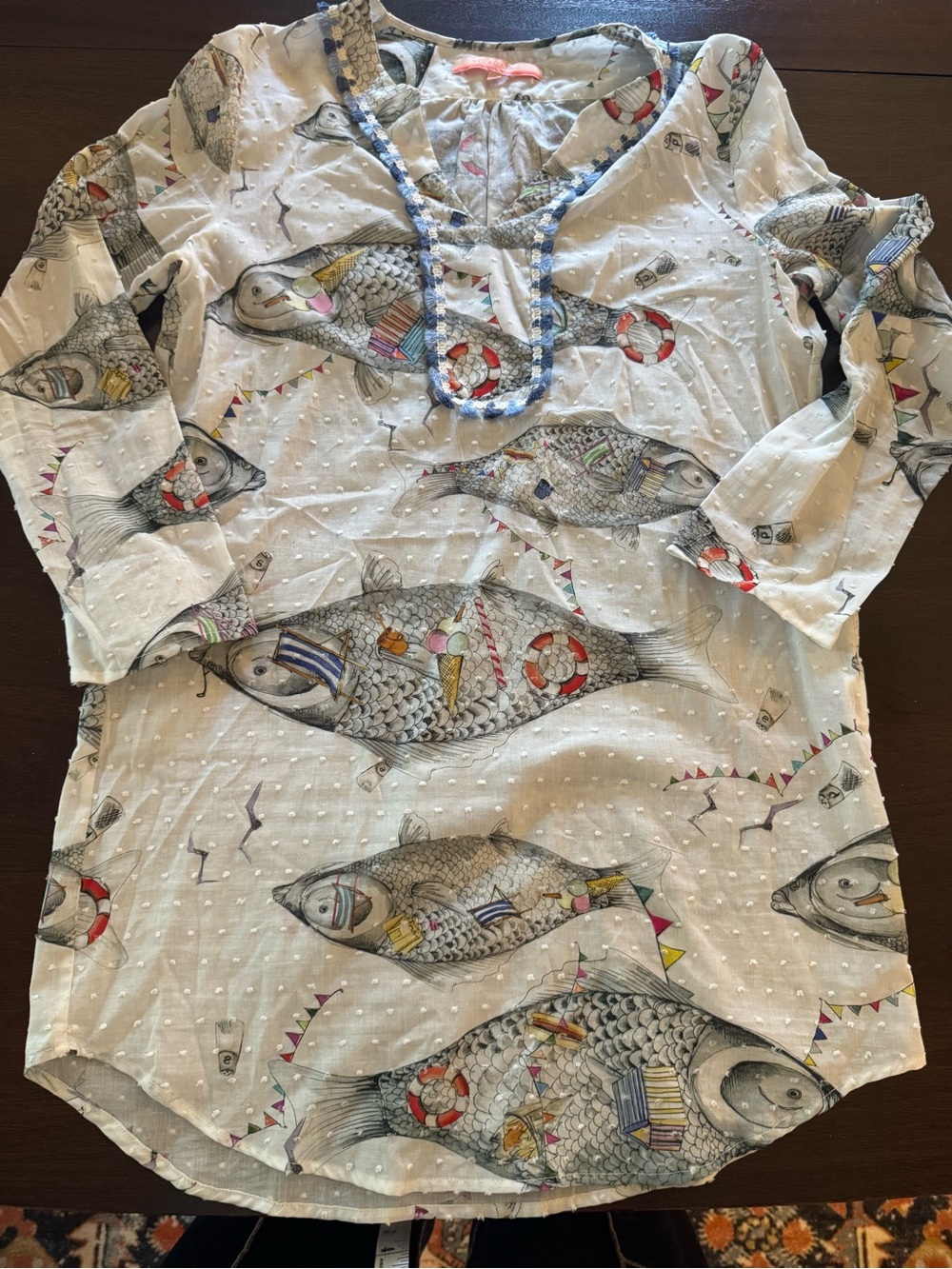 Vilagallo Cream Fish-Print Swim dress Tunic with Blue Trim - Picture 2 of 8